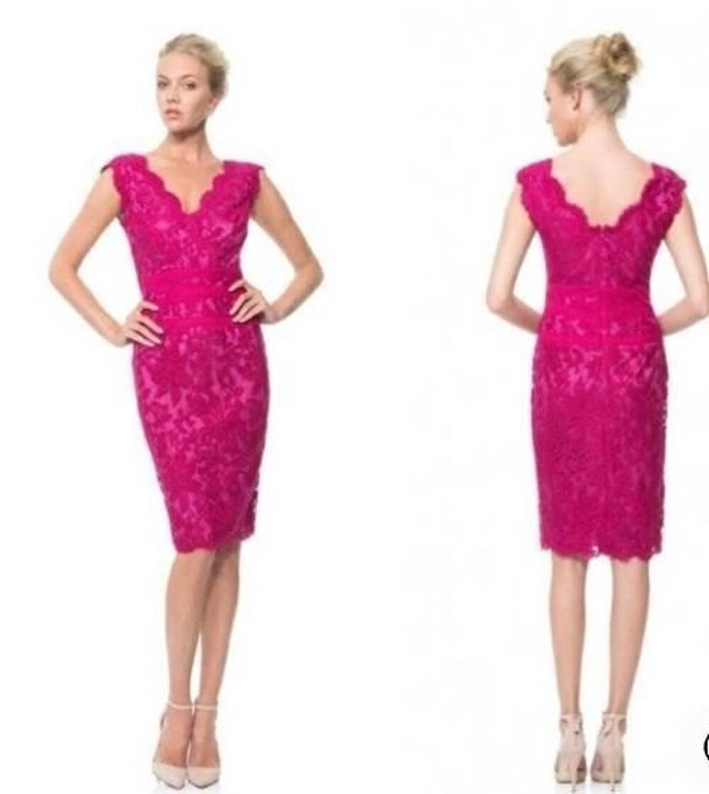 Tadashi Shoji Embroidered Lace Banded Waist Dress Fuchsia Lotus Pink US 12